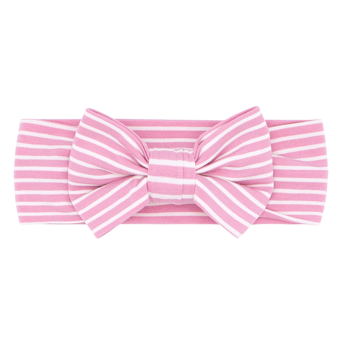 Flat lay image of a Garden Rose Stripe luxe bow headband in size newborn to age four