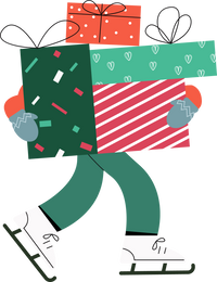 Illustration of an ice skater struggling to carry a huge stack of colorful presents, balancing them carefully as they skate