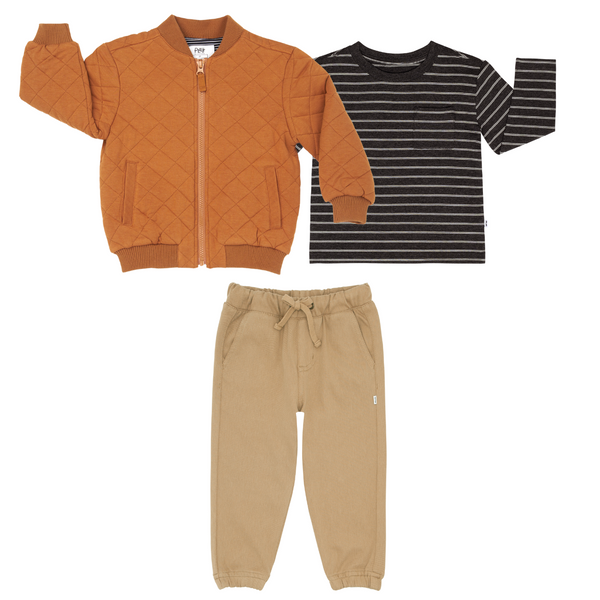 Flat lay composite of a Golden Brown quilted varsity jacket, Heather Black Stripes relaxed pocket tee, and Toasted Hazelnut denim jogger