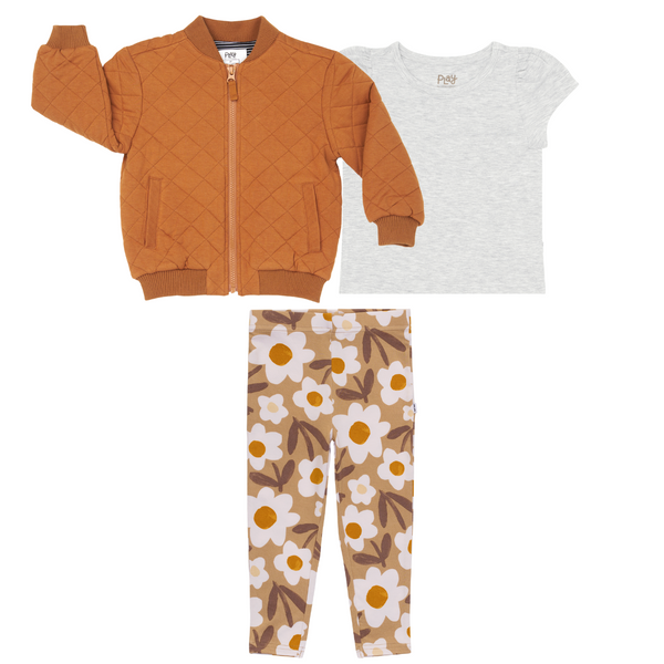 Flat lay composite of a Golden Brown quilted varsity jacket, Light Heather Gray puff sleeve tee, and Daisy Daydream legging