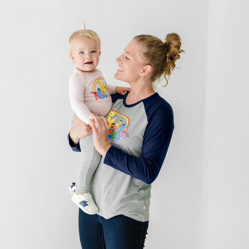 Alternate image of a mother and child wearing Spelling with Sesame Street raglan tees
