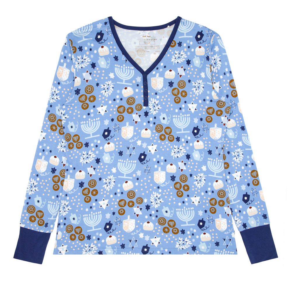 Flat lay image of Hanukkah Lights and Love women's pajama top