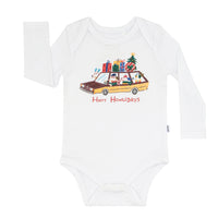 Flat lay image of a Happy Howlidays graphic bodysuit