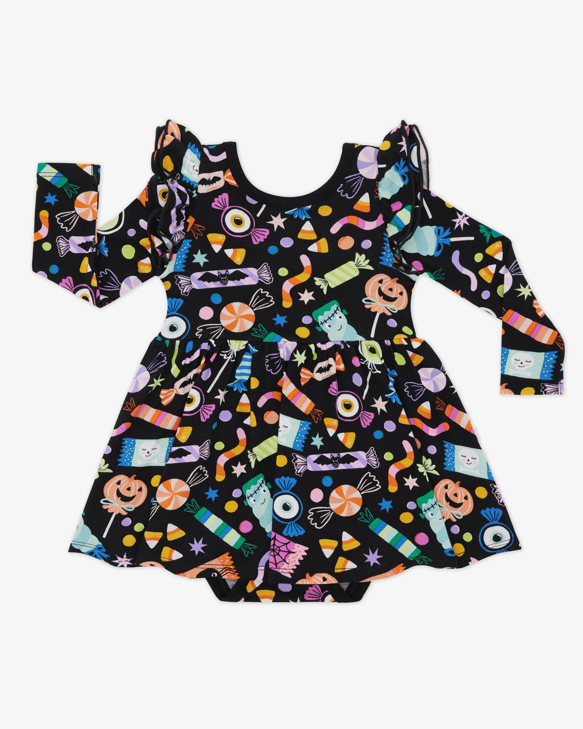 Flat lay of the Halloween Haul Flutter Twirl Dress with Bodysuit