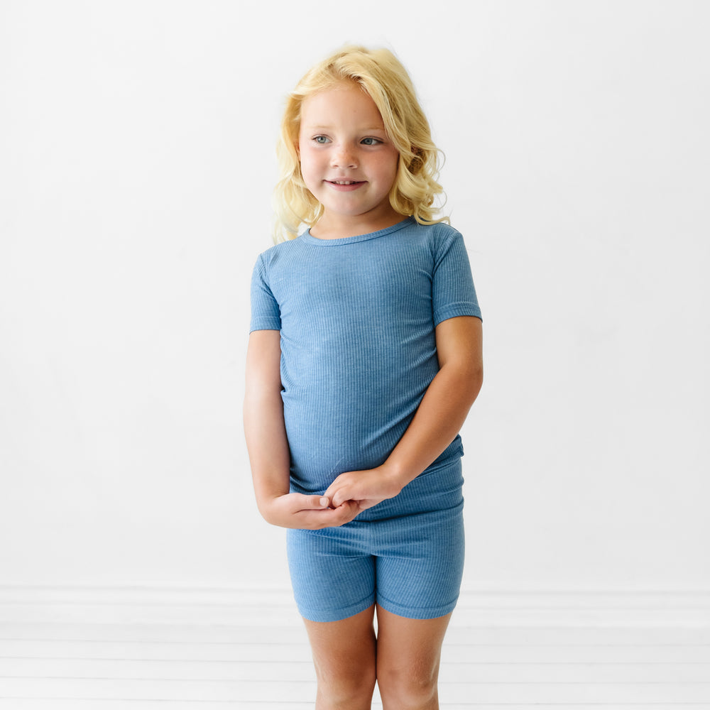 Alternate image of a child wearing Heather Blue Ribbed two piece short sleeve and shorts pajama set