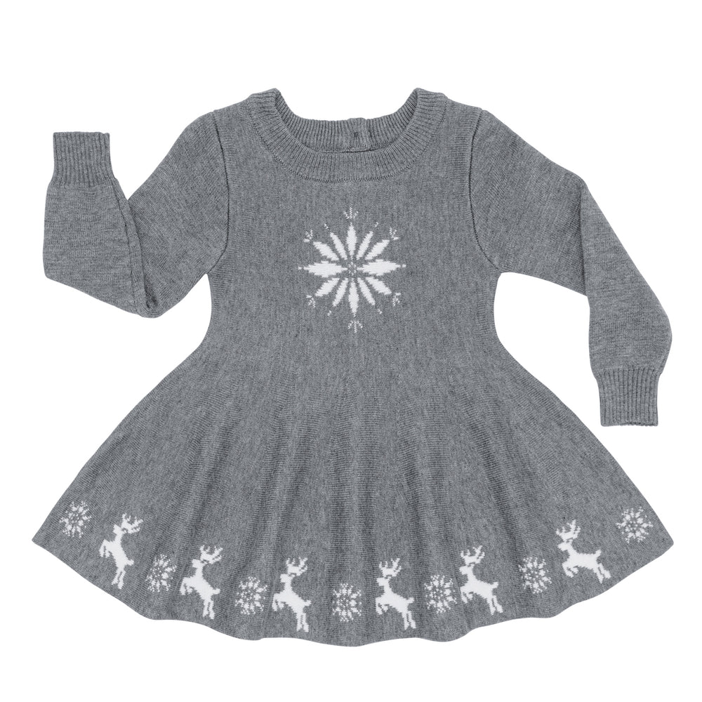 Flat lay image of a Heather Charcoal Snowflake Sweater Dress