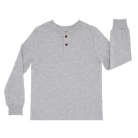 Flat lay image of a Heather Gray henley tee