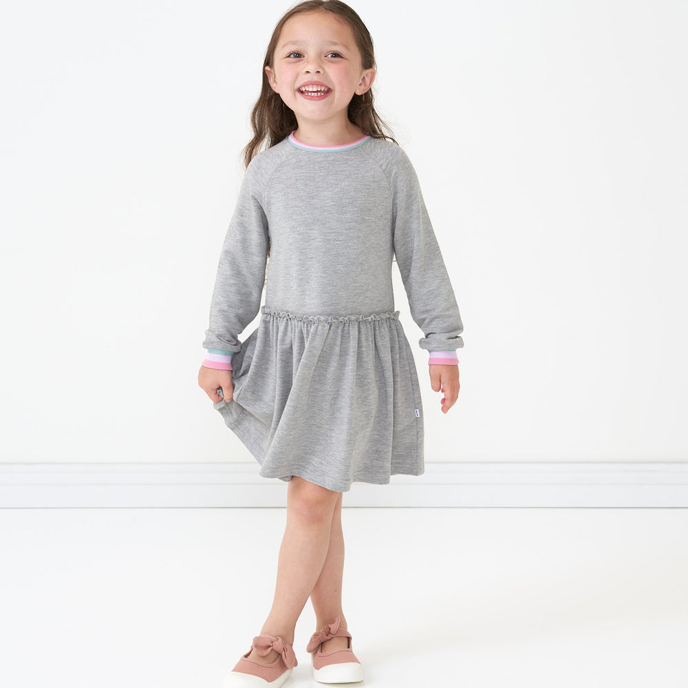 Alternate image of a child posing wearing a Heather Gray drop waist dress