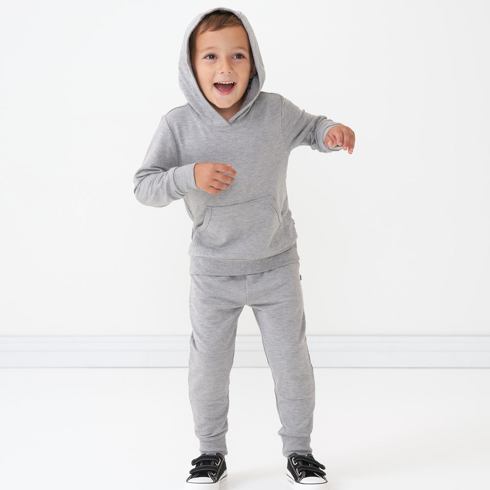 Click to see full screen - Child wearing Heather Gray Jogger paired with matching pullover hoodie
