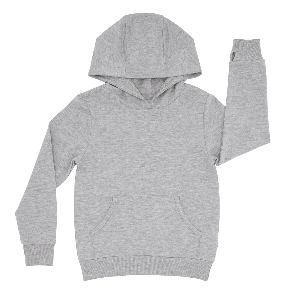 Flat lay image of a Heather Gray pullover hoodie