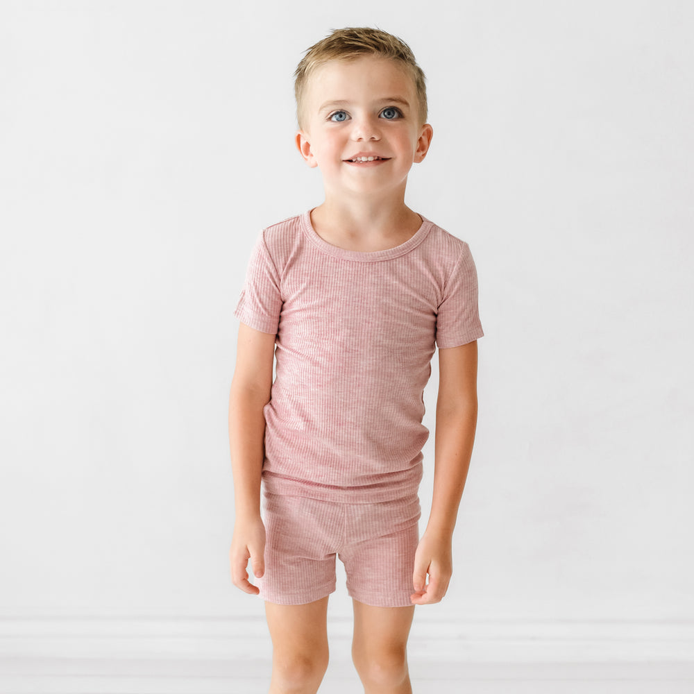 Alternate image of a child wearing Heather Mauve Ribbed two piece short sleeve and shorts pajama set