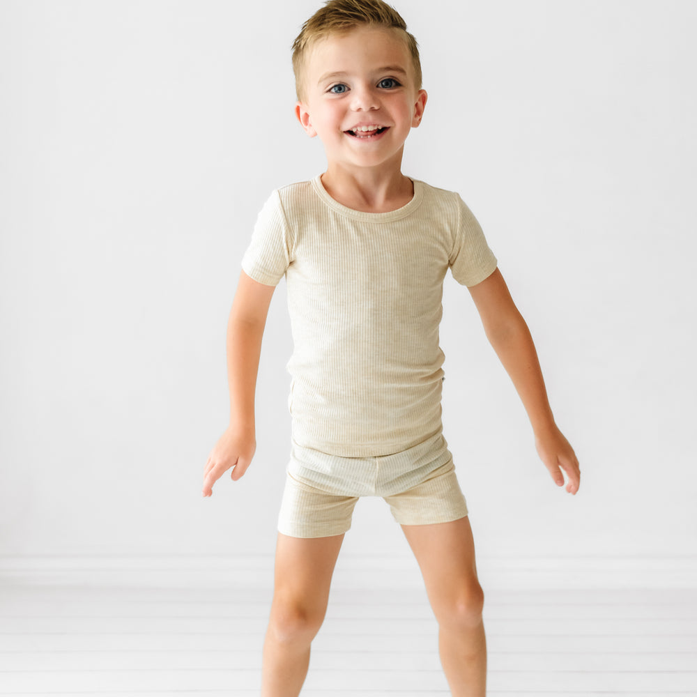 Alternate image of a child wearing Heather Oatmeal Ribbed two piece short sleeve and shorts pajama set