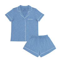 Flat lay image off women's heather blue pajama set