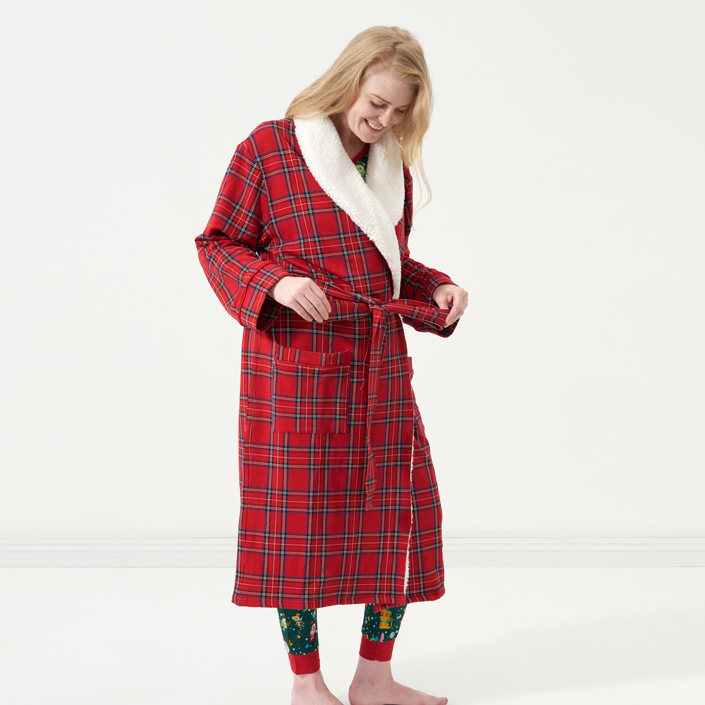Woman wearing a Holiday Plaid cozy robe