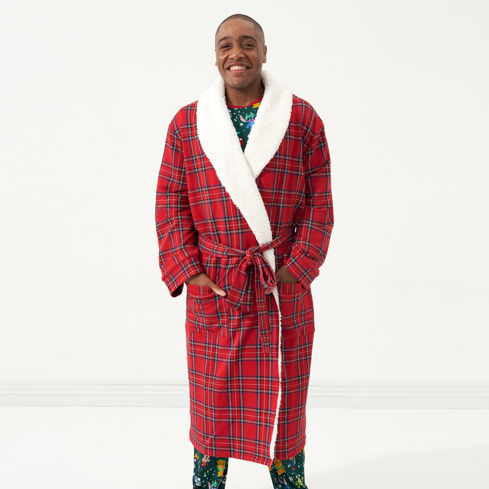 Man wearing a Holiday Plaid cozy robe