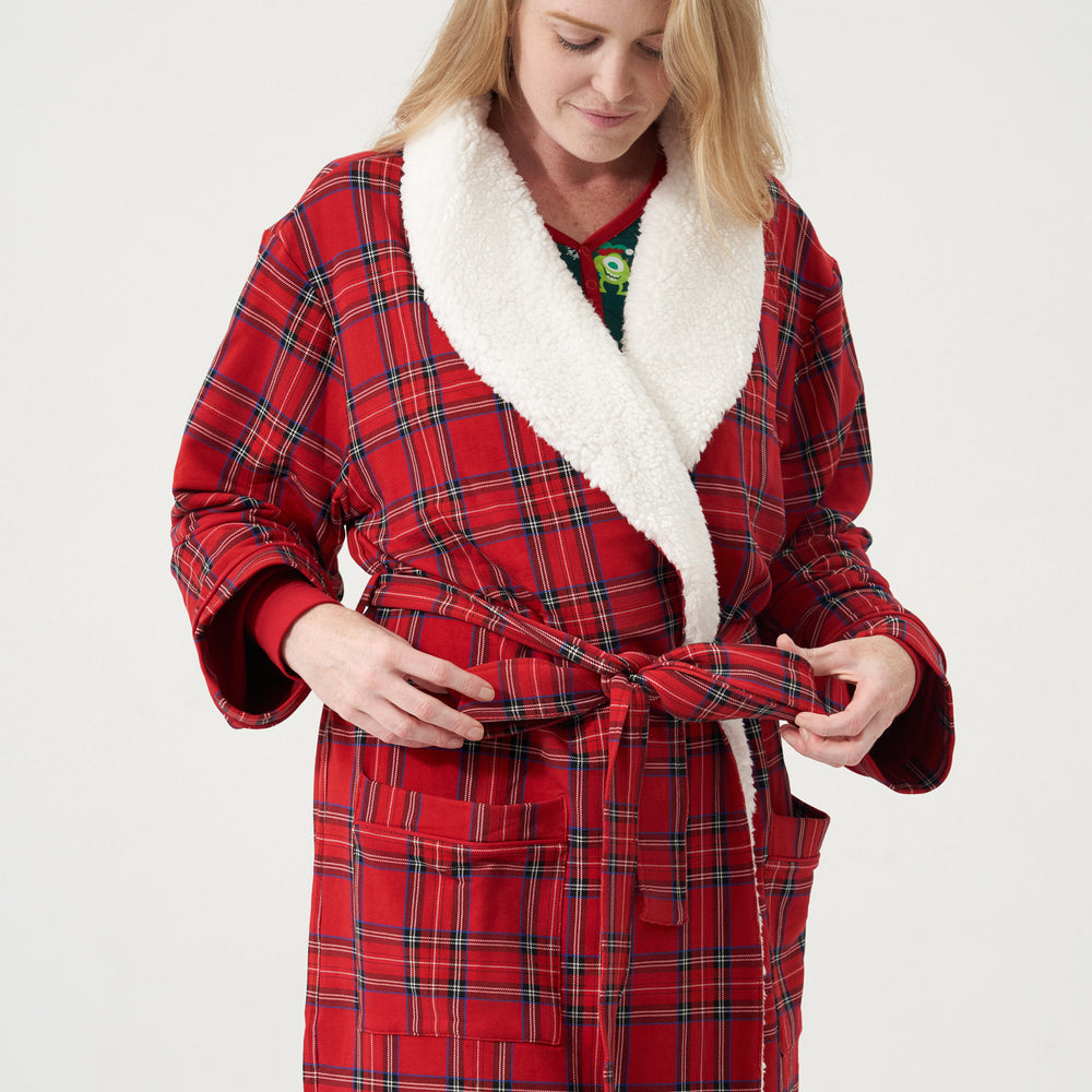 Alternate image of a woman wearing a Holiday Plaid cozy robe