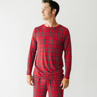 Alternate close up image of a man wearing a Holiday Plaid men's pajama top