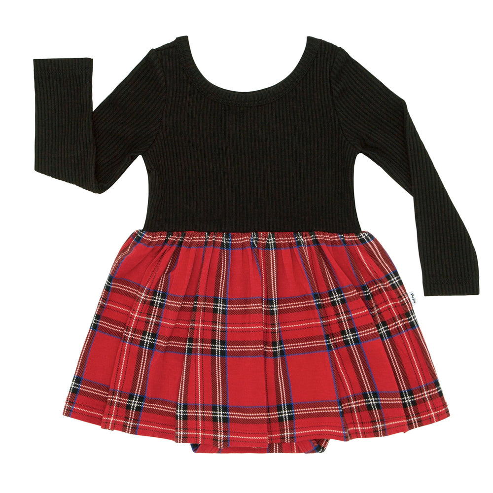 Flat lay image of a Holiday Plaid skater dress with bodysuit