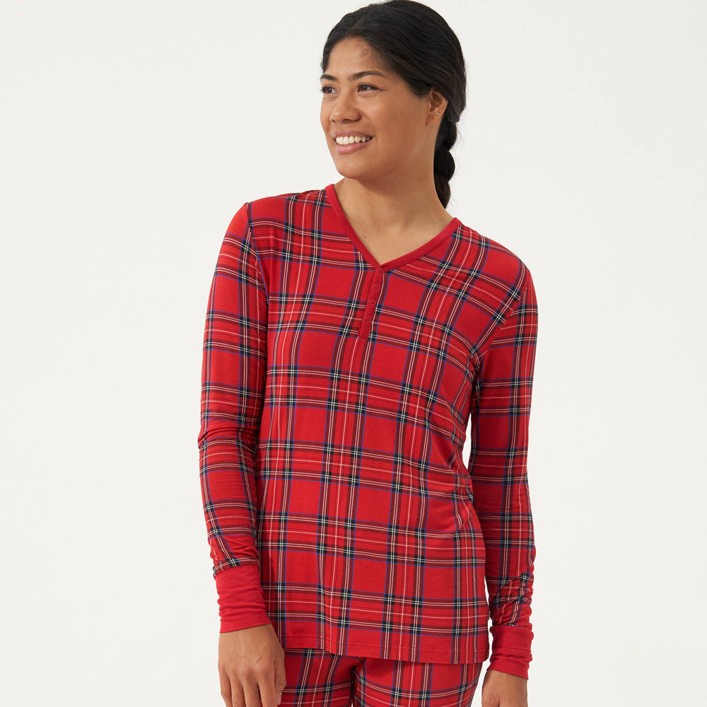 Close up image of a woman wearing a Holiday Plaid women's pajama top
