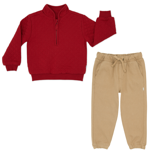 Holiday Red Quilted Zip Pullover and Toasted Hazelnut Denim Jogger