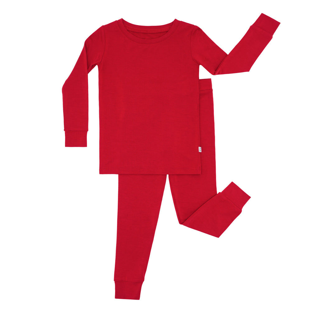 Flat lay image of a Holiday Red two-piece pajama set