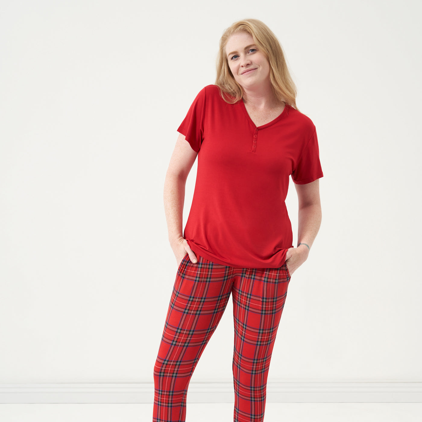 Alternate image of a woman wearing a Holiday Red women's short sleeve pajama top and coordinating pajama pants