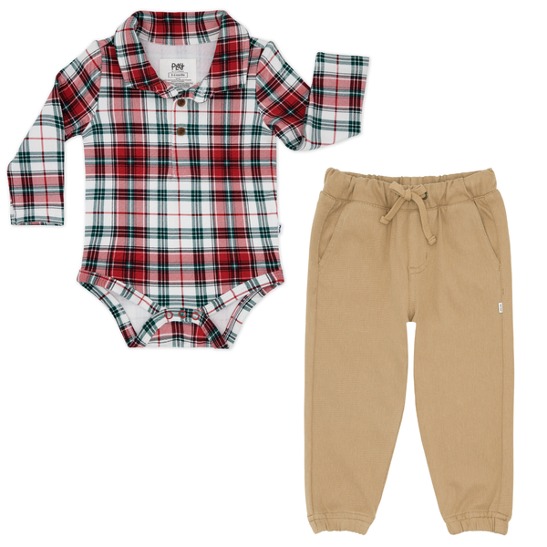 Holly Plaid Polo Bodysuit and Toasted Hazelnut Denim Jogger