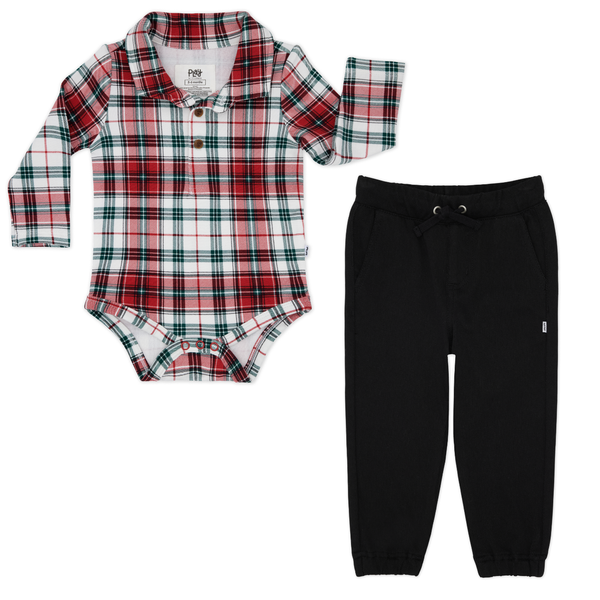 Holly Plaid Polo Bodysuit and Black Denim Jogger
