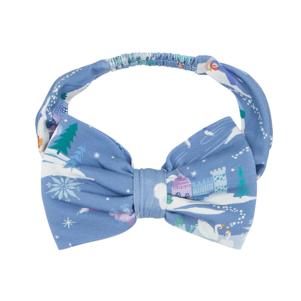 Flat lay image of an Ice Princess luxe bow headband in size age four to age eight 