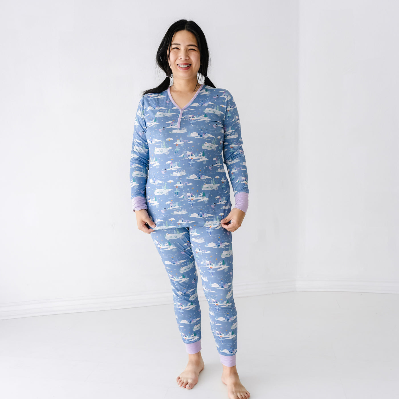 V Neck Nightwear Sleep Set Pajamas Ice Silk Printing Long Sleeve