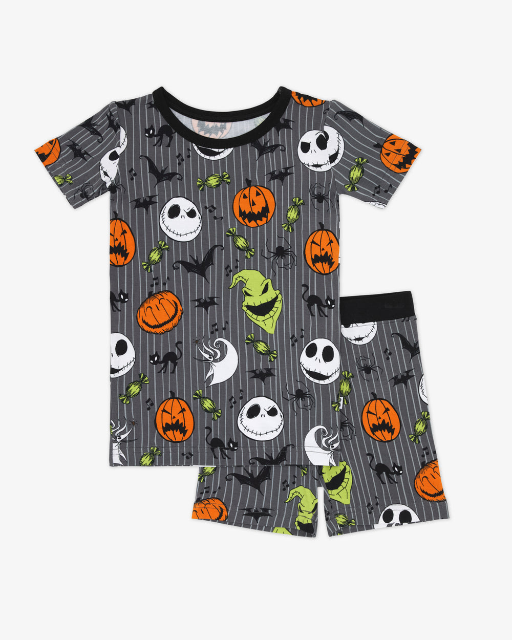 Flat lay of the Disney The Nightmare Before Christmas Two-Piece Short Sleeve & Shorts Pajama Set
