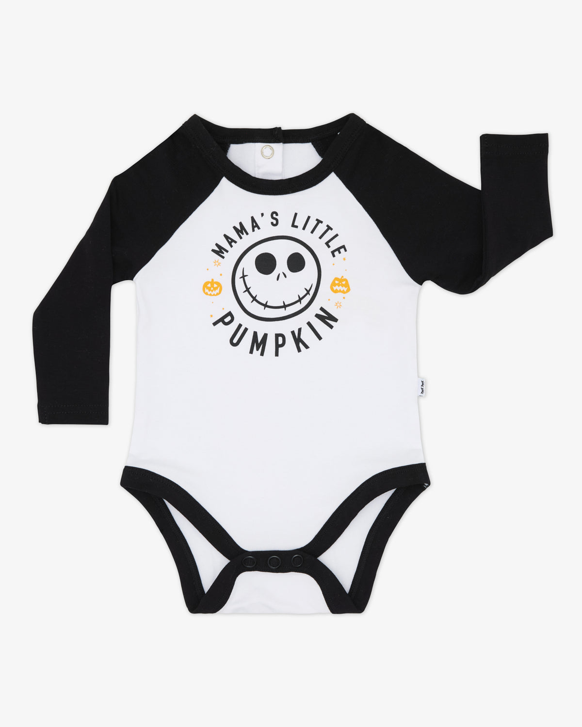 Flat lay of the Disney Mama's Little Pumpkin Raglan Bodysuit