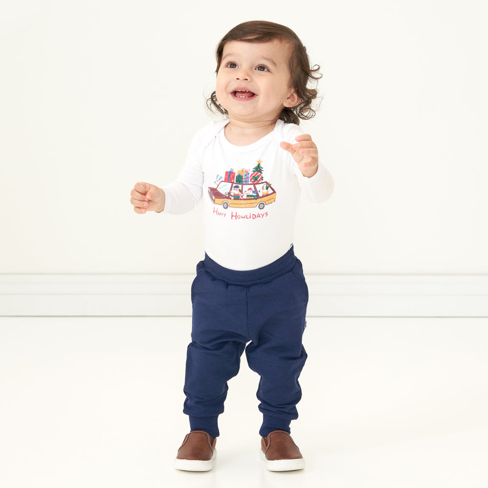 Alternate image of a child wearing Classic Navy joggers and a coordinating Happy Howlidays bodysuit