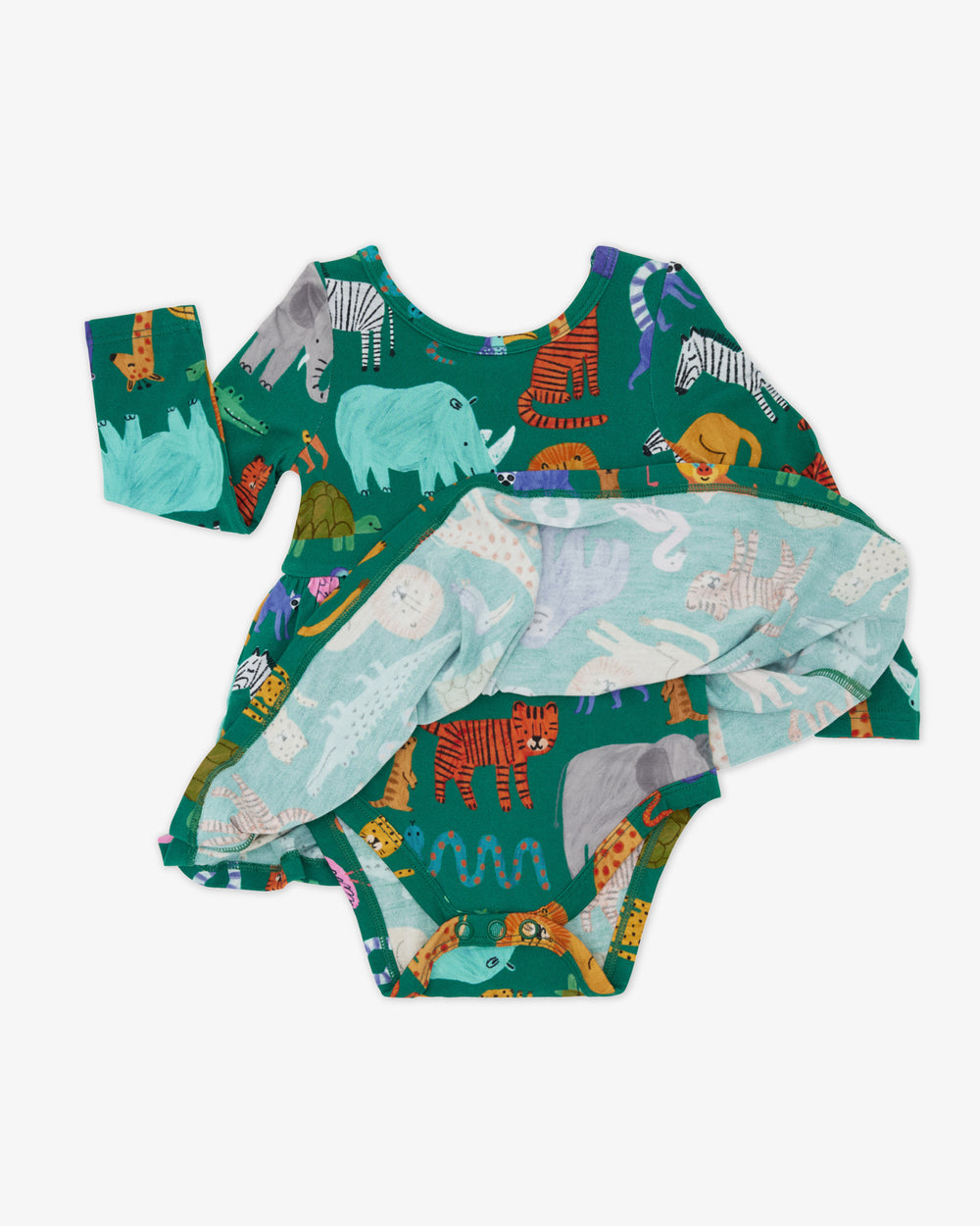 Flat lay of the Wild Zoo Skater Dress with Bodysuit showing the built in snap bodysuit