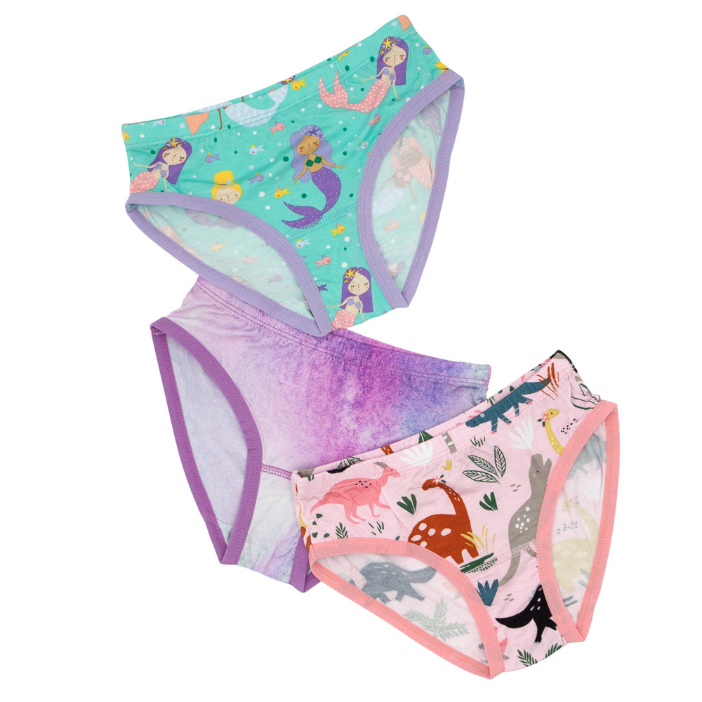 Kid's Underwear - Mermaid Magic, Purple Watercolor, Pink Jurassic Jungle Girl's Brief Underwear - 3 Pack