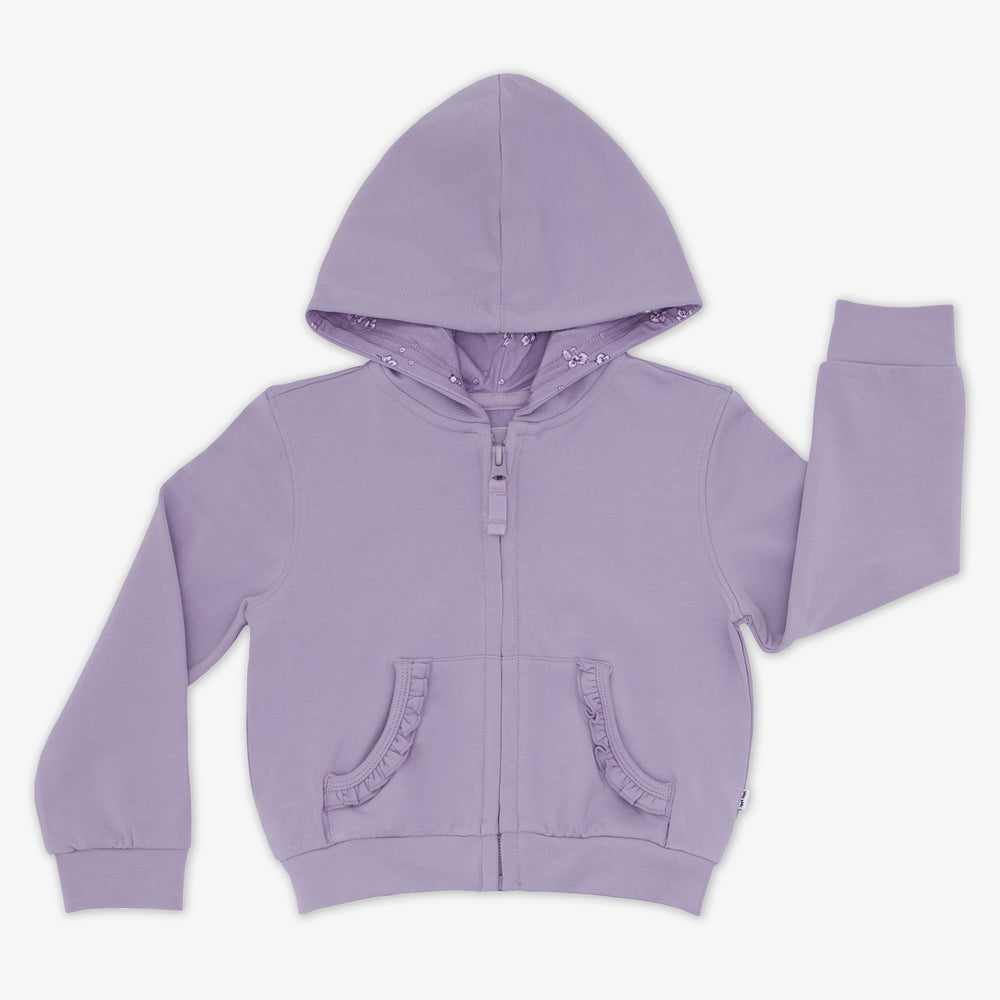 Flat lay image of the Dusty Lavender Ruffle Hoodie