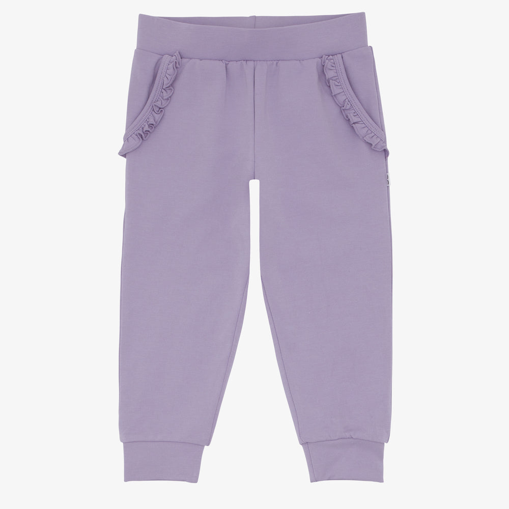 Flat lay image of the Dusty Lavender Ruffle Jogger