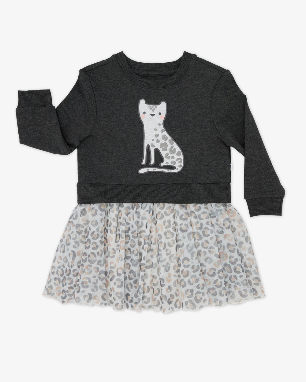 Flat lay of the Snowy Leopard Crewneck Tutu Dress