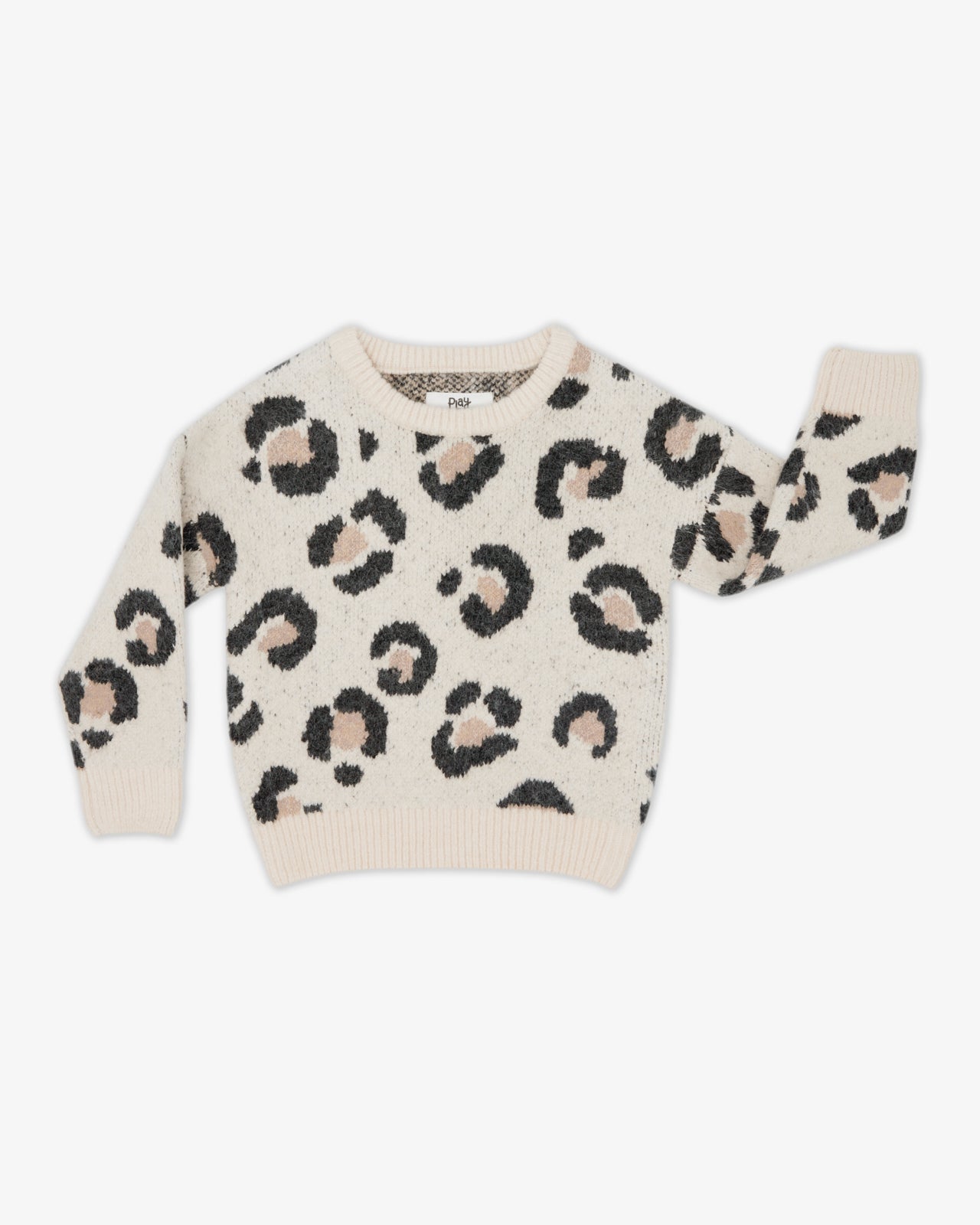 Flat lay of the Snowy Leopard Drop Shoulder Sweater