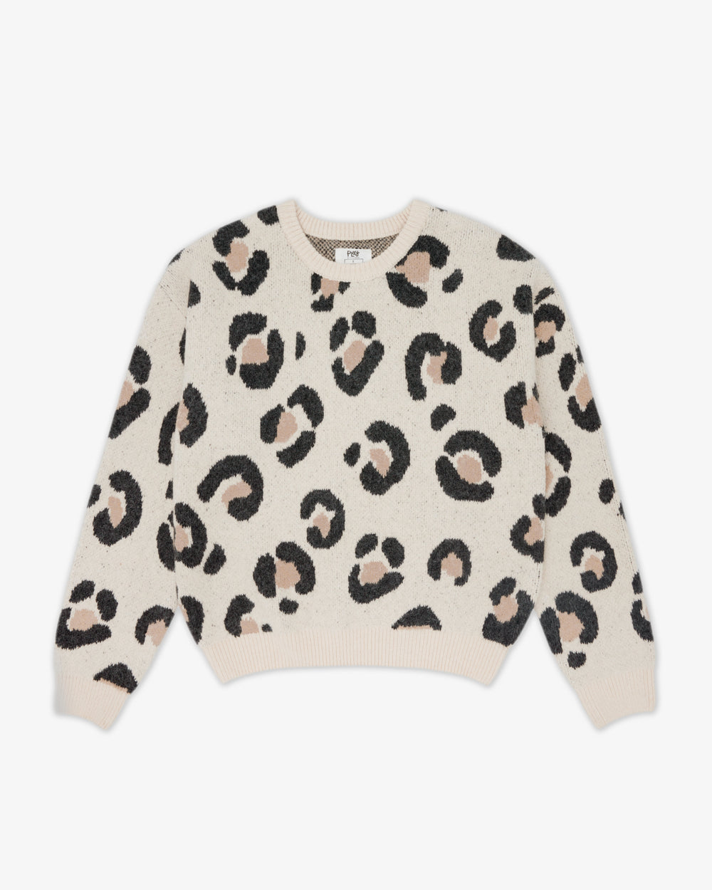 Flat lay of the Snowy Leopard Women's Drop Shoulder Sweater