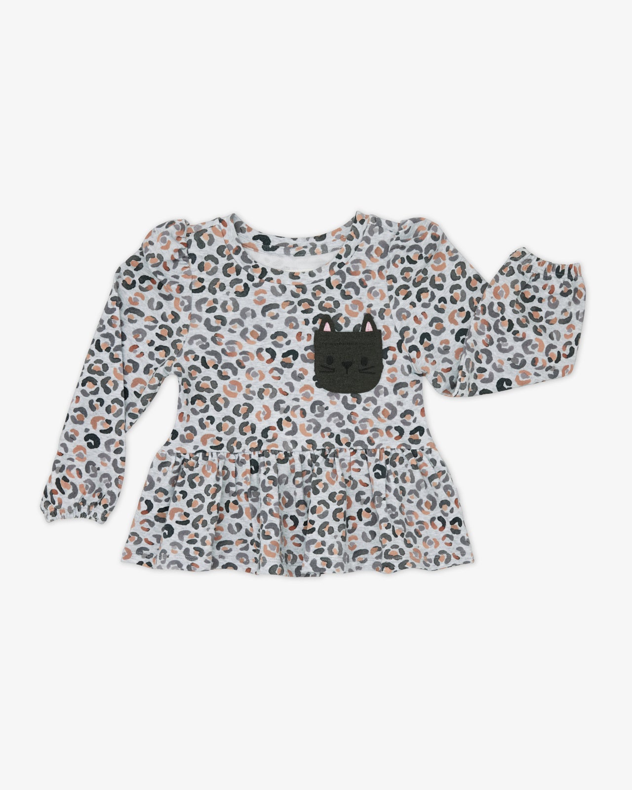 Flat lay of the Snowy Leopard Puff Sleeve Peplum Top