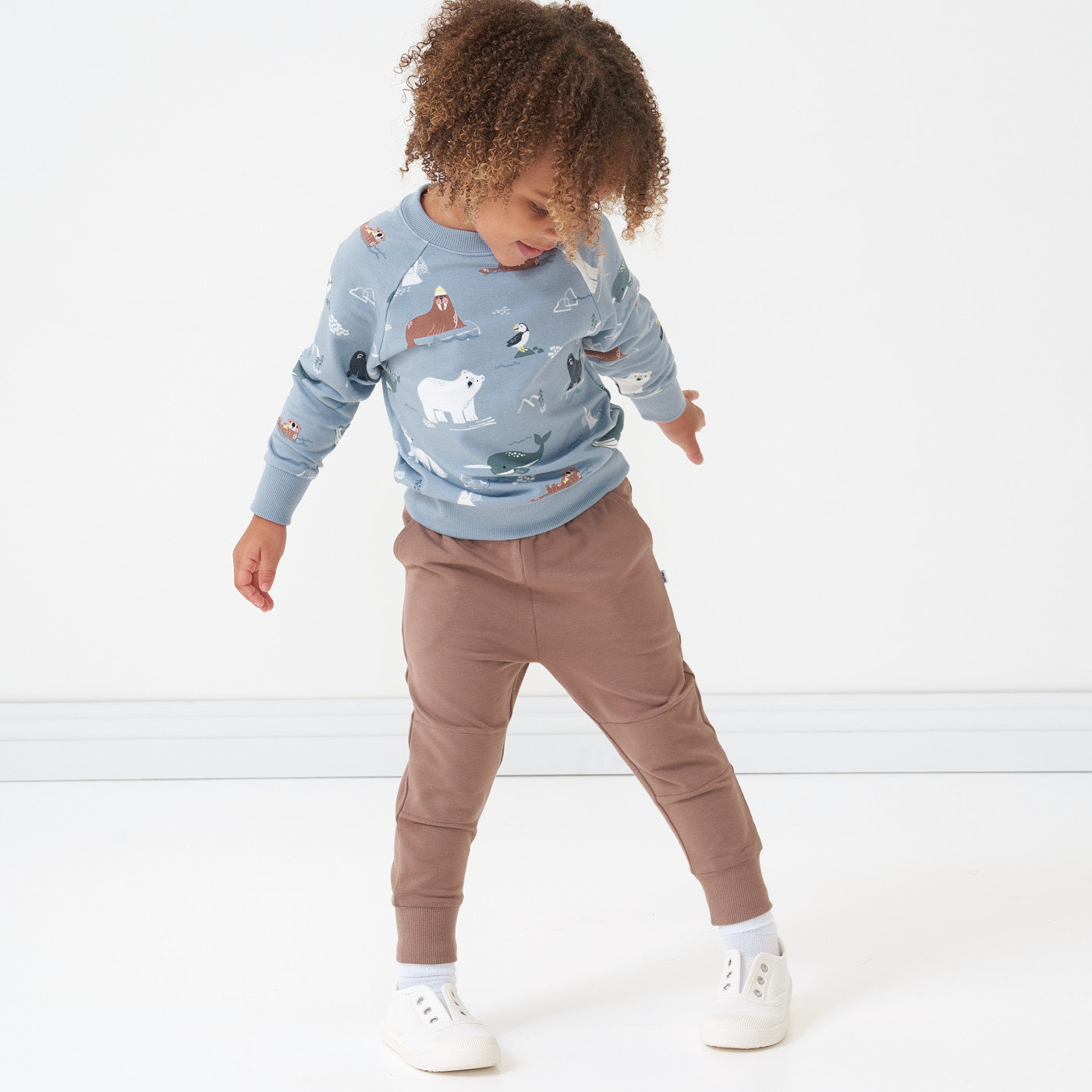 Alternate image of a child wearing Light Cocoa joggers and coordinating Arctic Animals crewneck sweatshirt