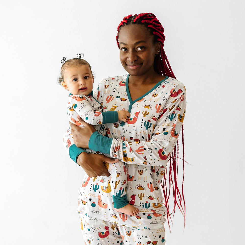 Mother and child wearing matching Llama Love pajamas