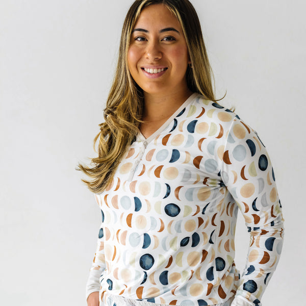 Close up of woman wearing the Luna Neutral Women's Pajama Top