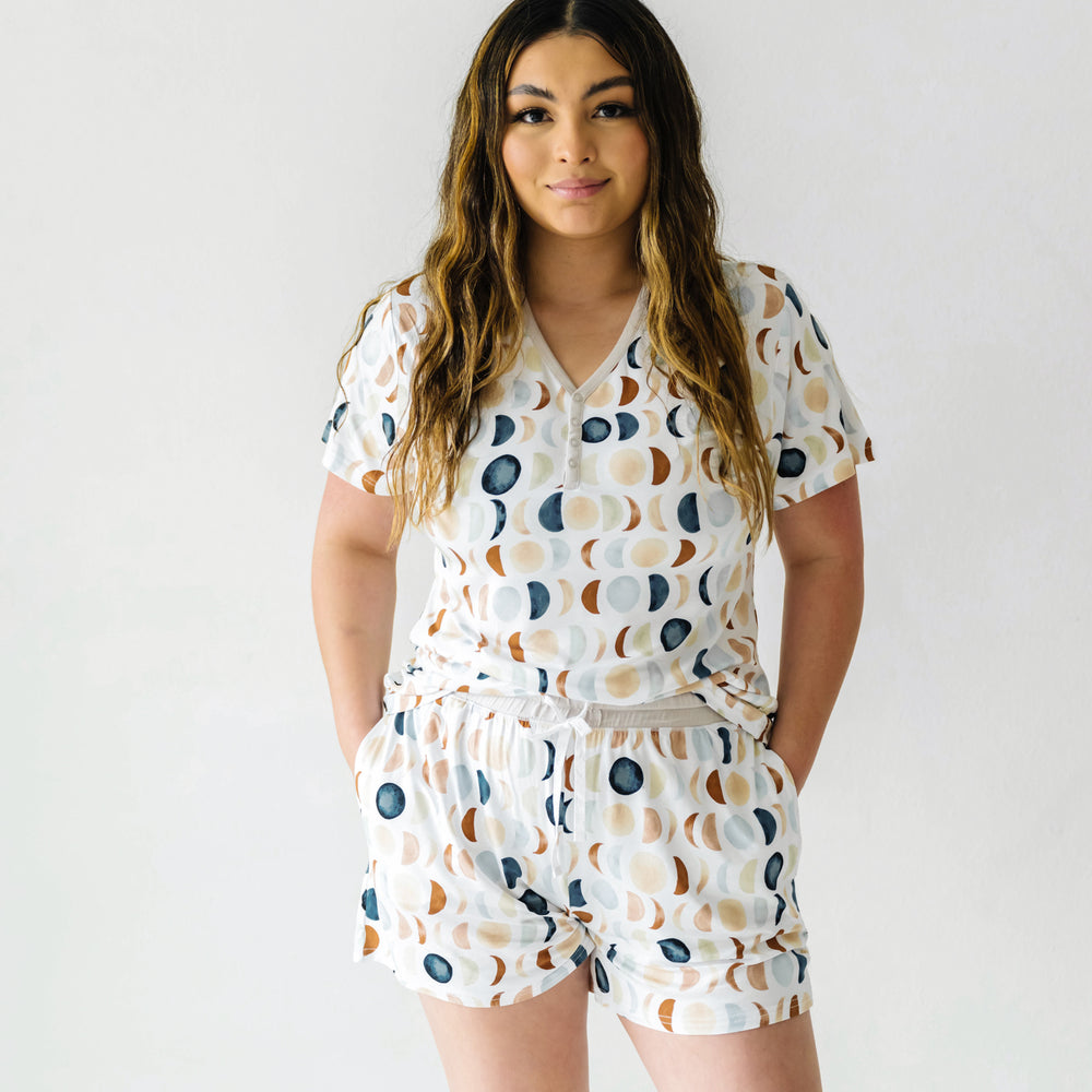woman wearing a Luna Neutral women's short sleeve pajama top paired with matching women's pj shorts
