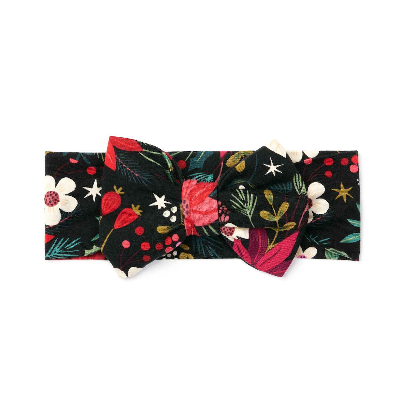 Flat lay image of Berry Merry luxe bow headband in size newborn to 3 years