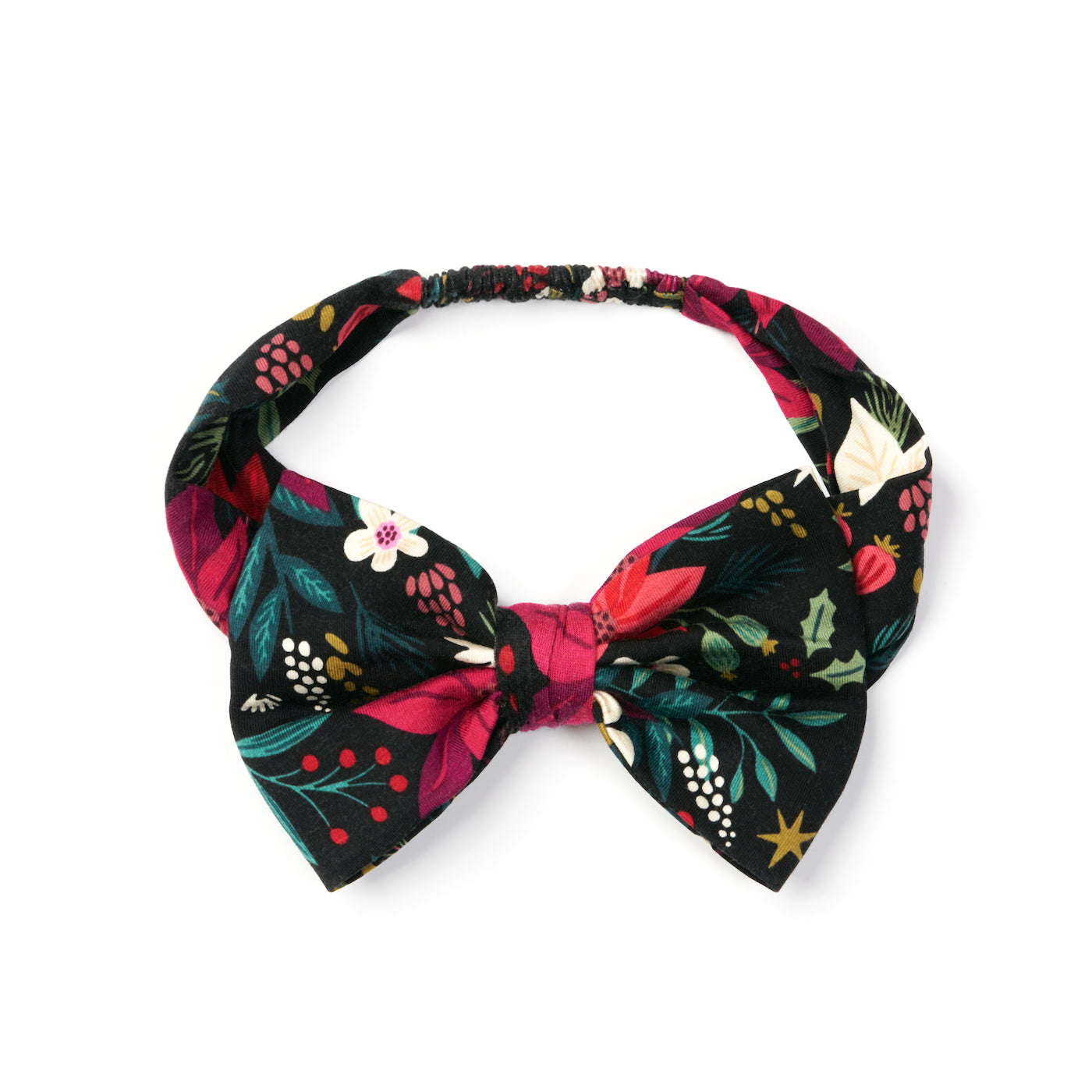 Flat lay image of Berry Merry luxe bow headband in size 4 years to 8 years