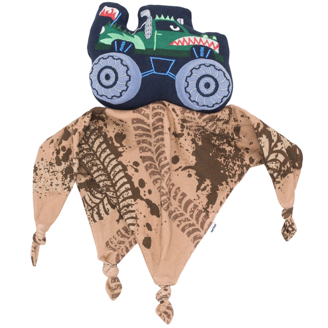 Flat lay image of Max the Monster Truck Sleepyhead Lovey