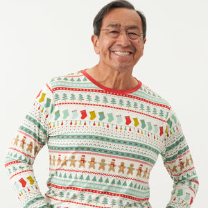 Close up image of a man wearing a men's Fair Isle pajama top