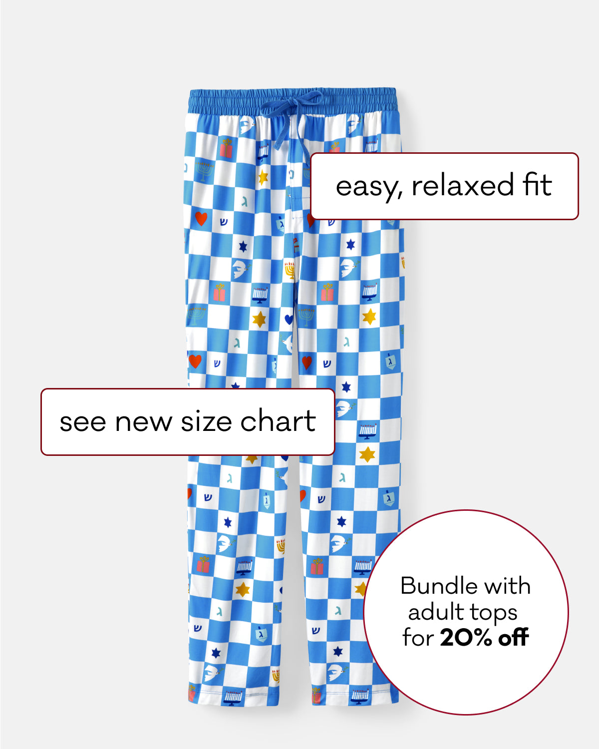 Blue and white checkered pajama pants with small colorful icons, shown on a light gray background with promotional text boxes and a circle reading 'Bundle with adult tops for 20% off'.